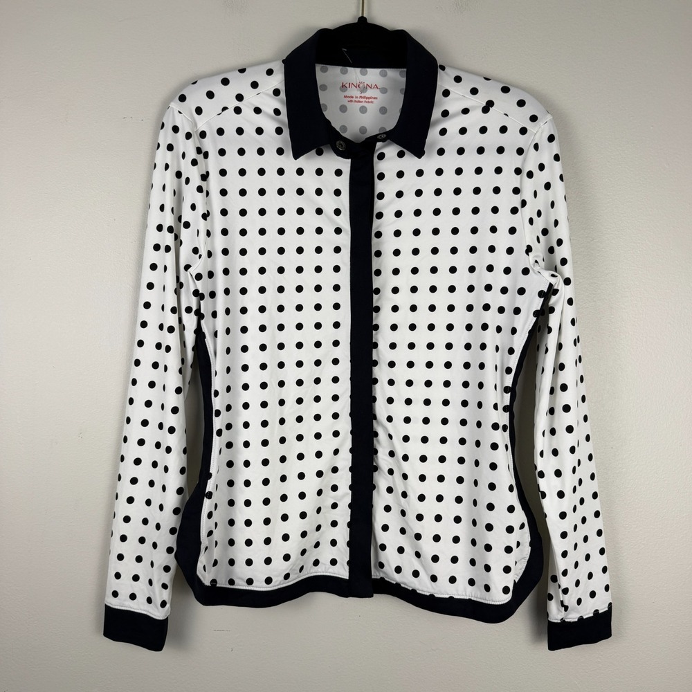 Kinona Golf Shirt Women's Small White Black Polka Dot Italian Fabric Snap Front